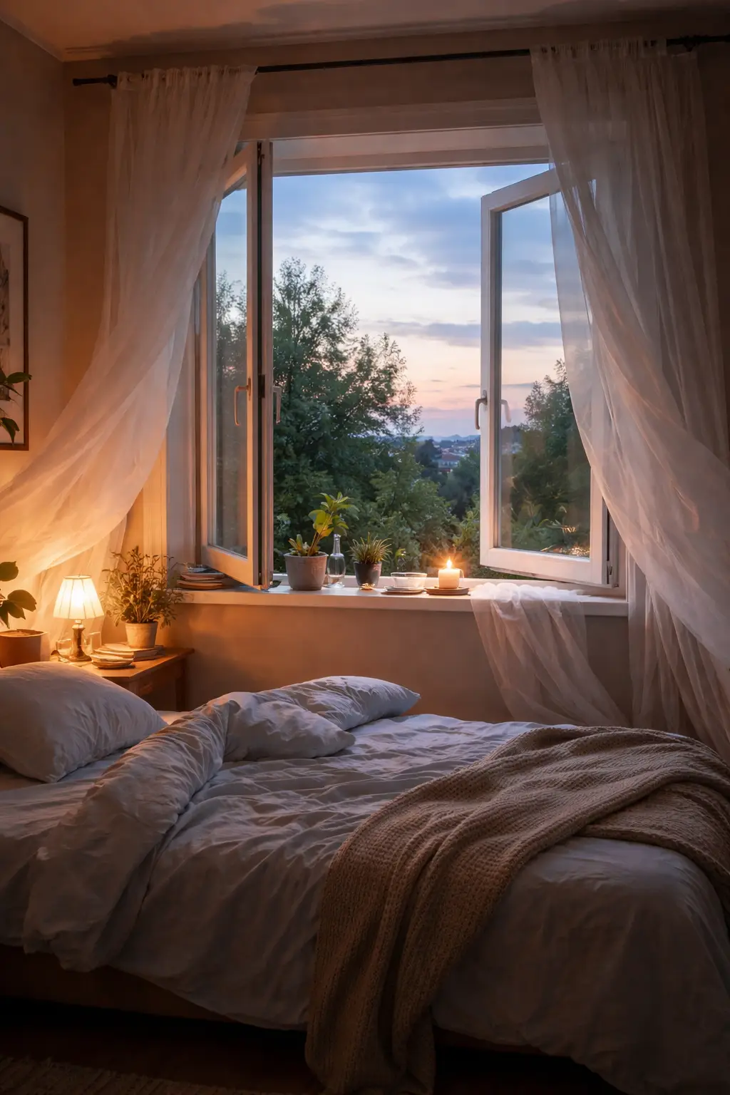 Cozy bedroom with open window, sheer curtains, potted plants, and sunset view