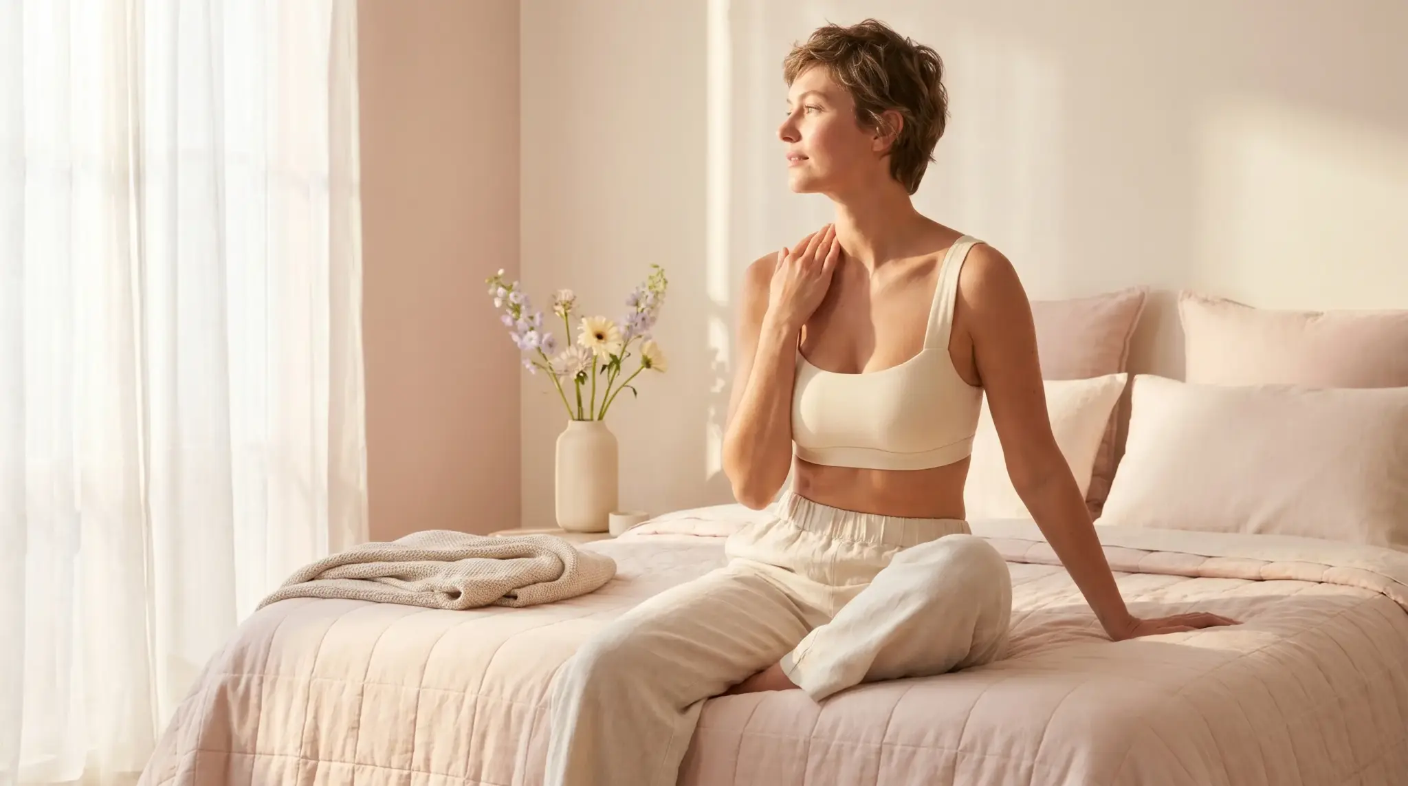Woman in beige loungewear sitting on bed in sunlit bedroom with pastel bedding and flowers