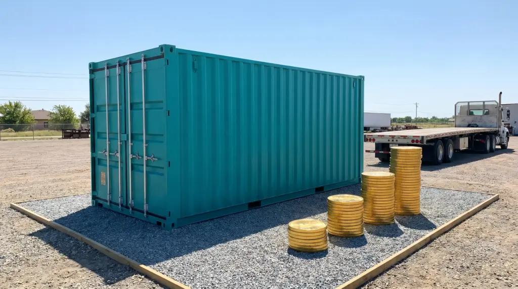 Turquoise shipping container on gravel lot with stacked gold coins nearby under clear blue sky