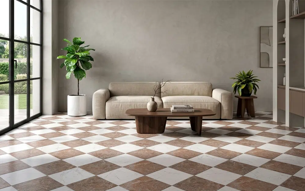 Lusso Carrara Marble-effect tiles with neutral walls in the living room for a characteristic yet minimal home design.