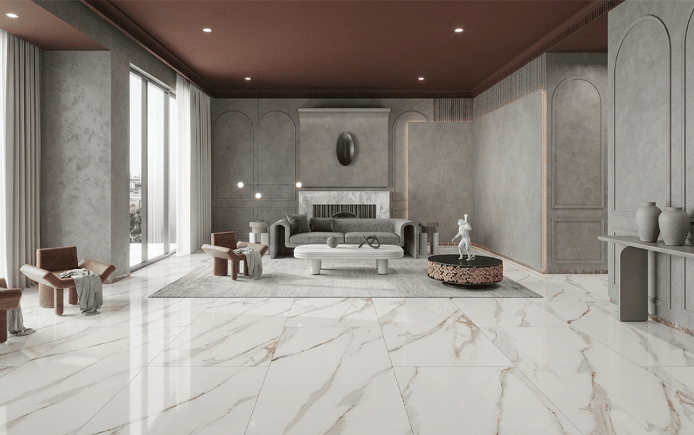 White large-format marble-effect tiles on floors for an intentional and luxurious open-plan living space.
