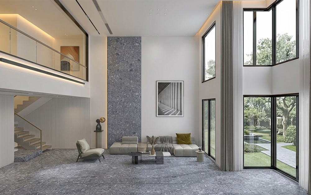 Grey Terrazzo tiles for floors with white walls for visual interest in double-ceiling indoor design