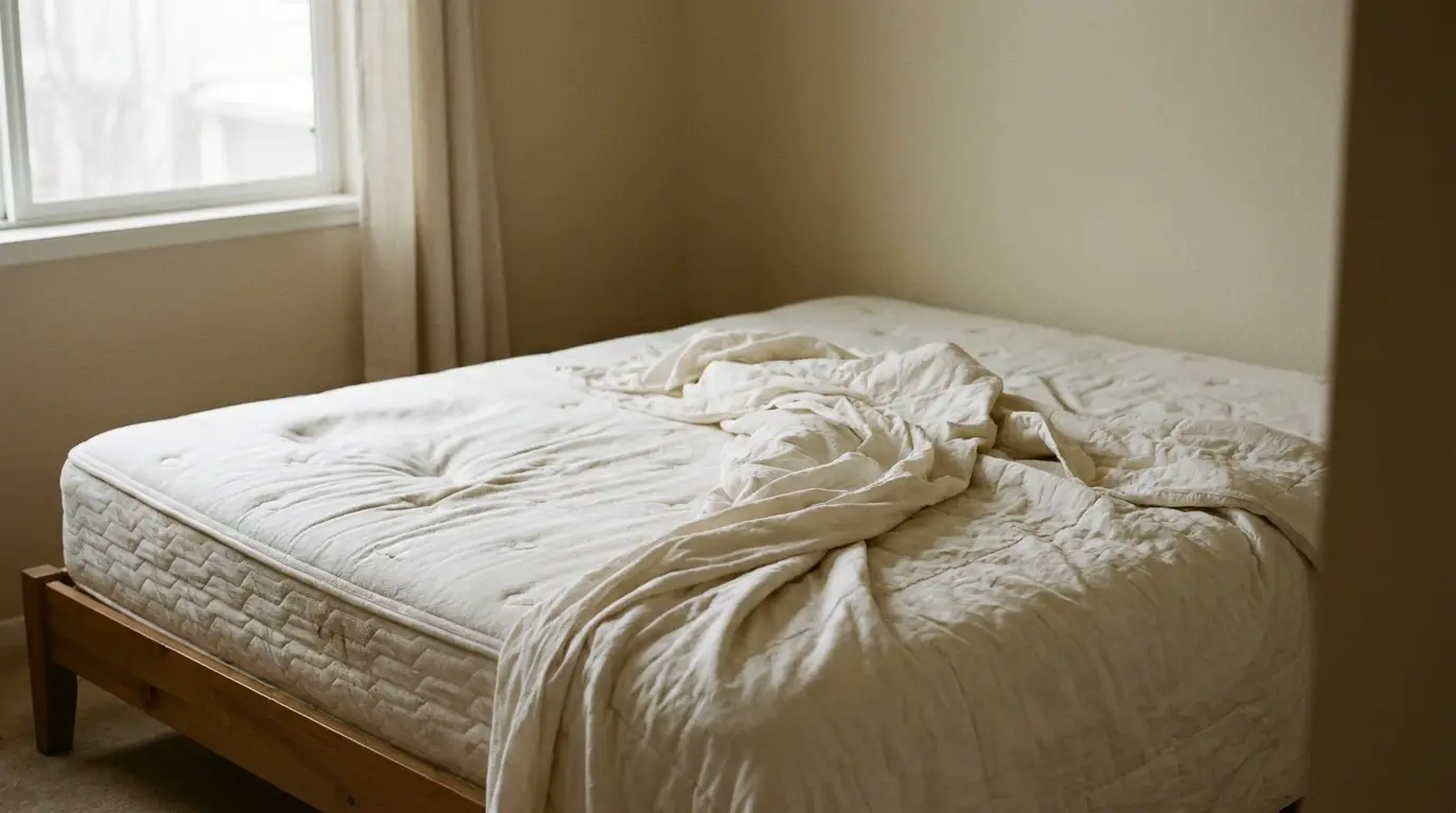 Unmade bed with white bedding in a bright bedroom with natural light