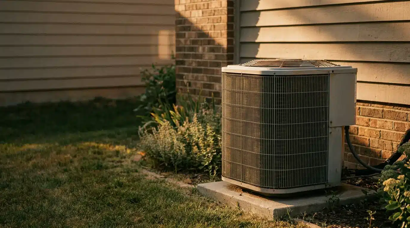Outdoor air conditioning unit on concrete pad next to brick house in garden setting