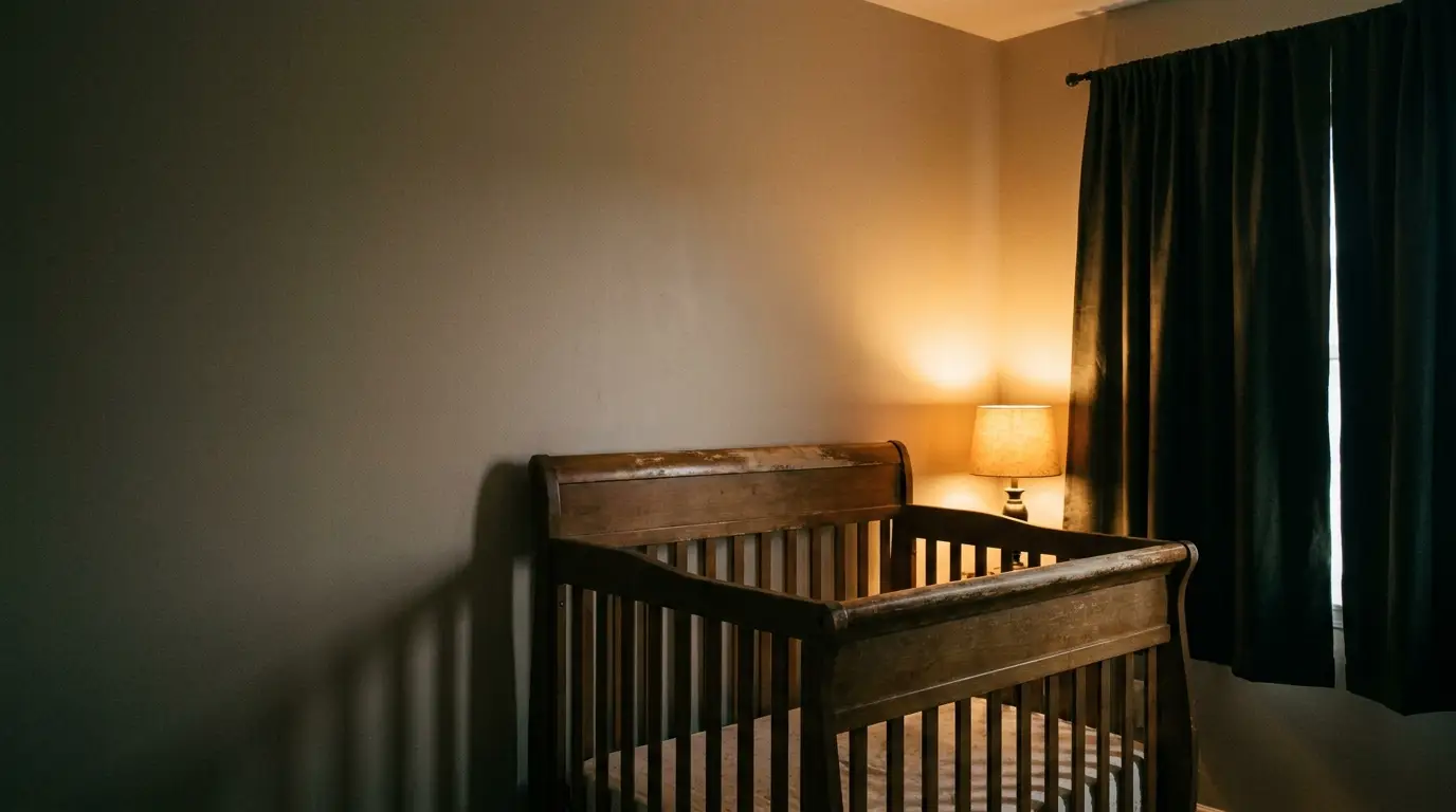 Wooden crib next to illuminated lamp in dimly lit nursery with dark curtains