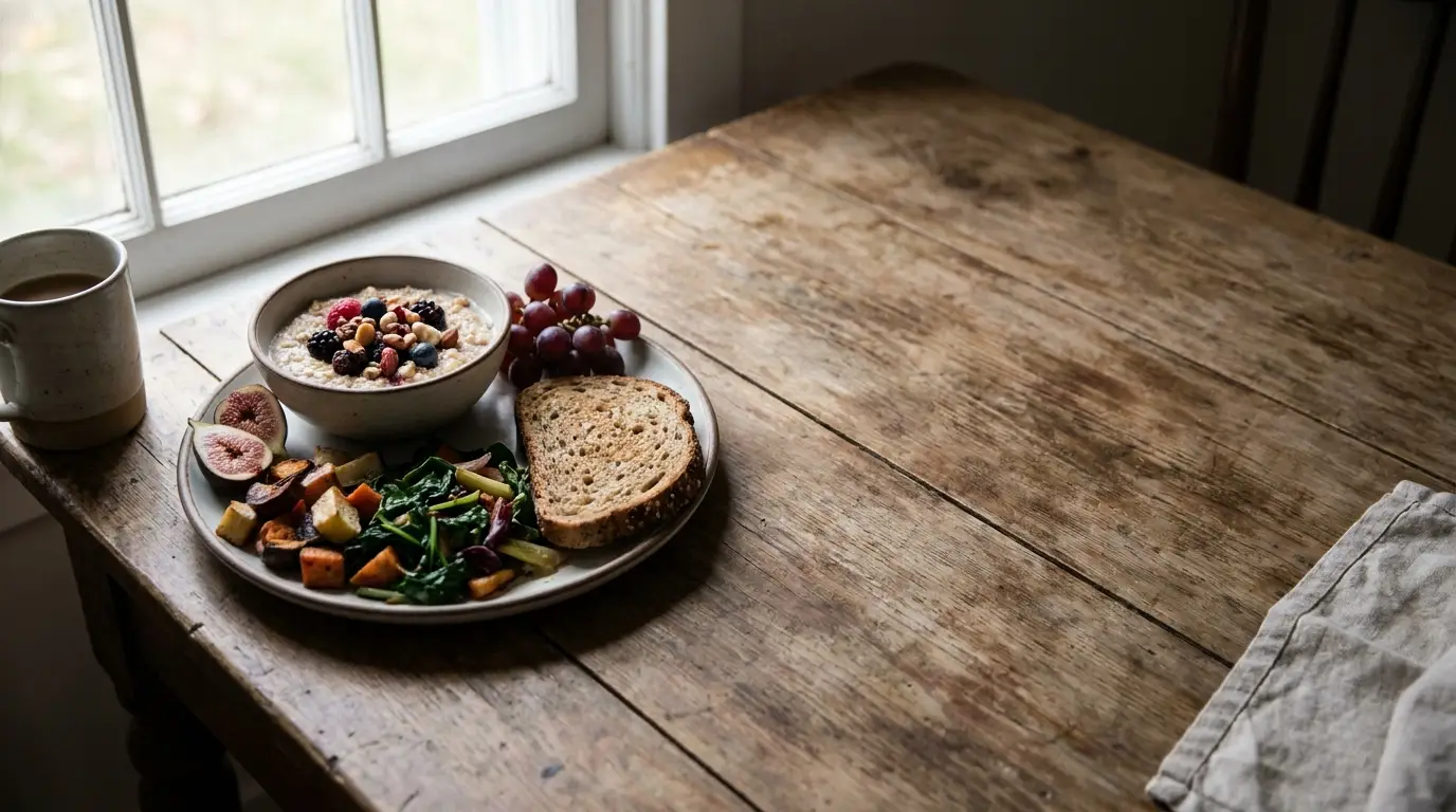 Breakfast plate with oatmeal, toast, and fruit on rustic wooden table by window