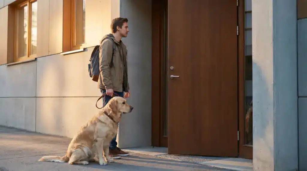 Man holding leash standing with golden retriever outside modern building door