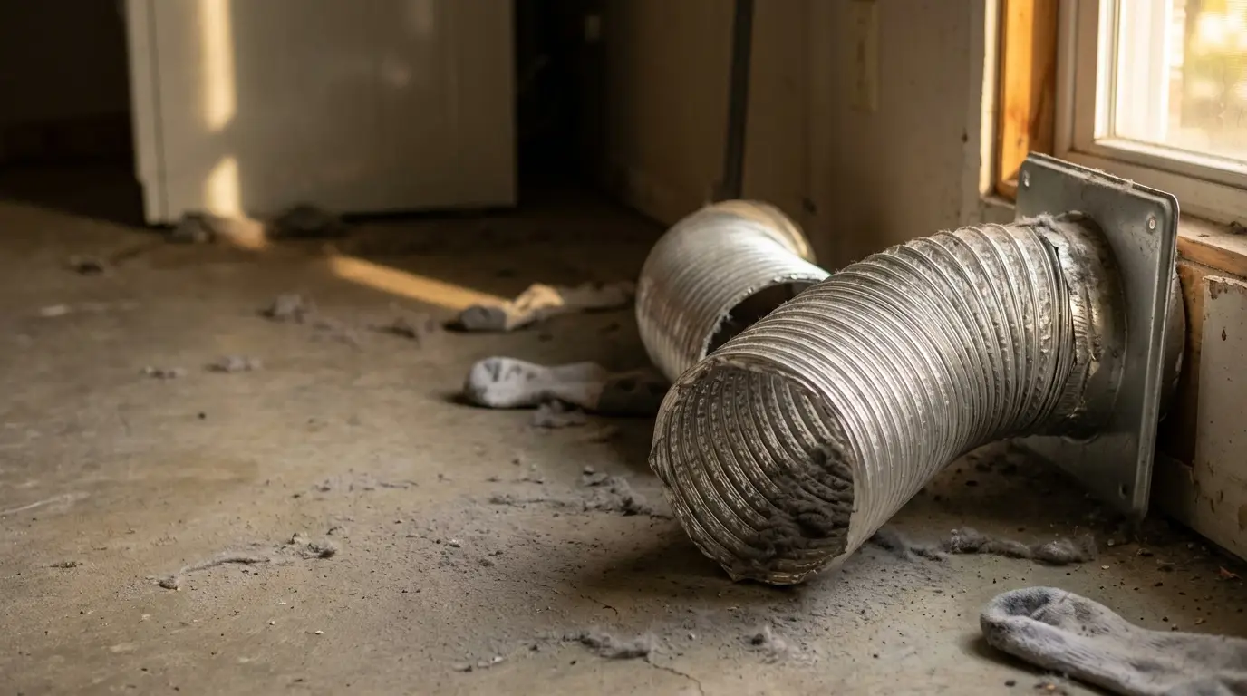 Dusty metal ductwork with lint buildup on floor in dimly lit utility room