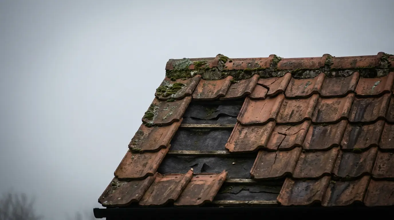 Moss-covered, weathered clay roof tiles with visible cracks against an overcast sky