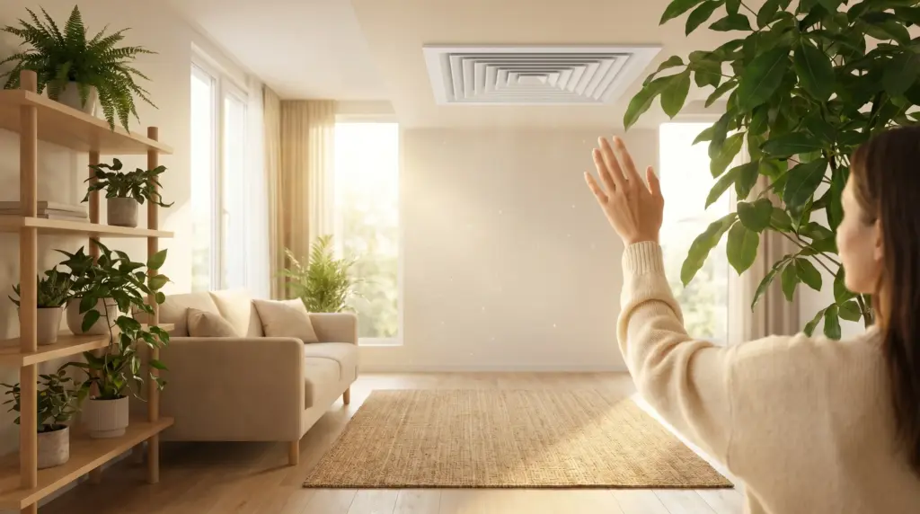 Person in beige sweater gesturing towards ceiling ventilation in sunlit living room with plants