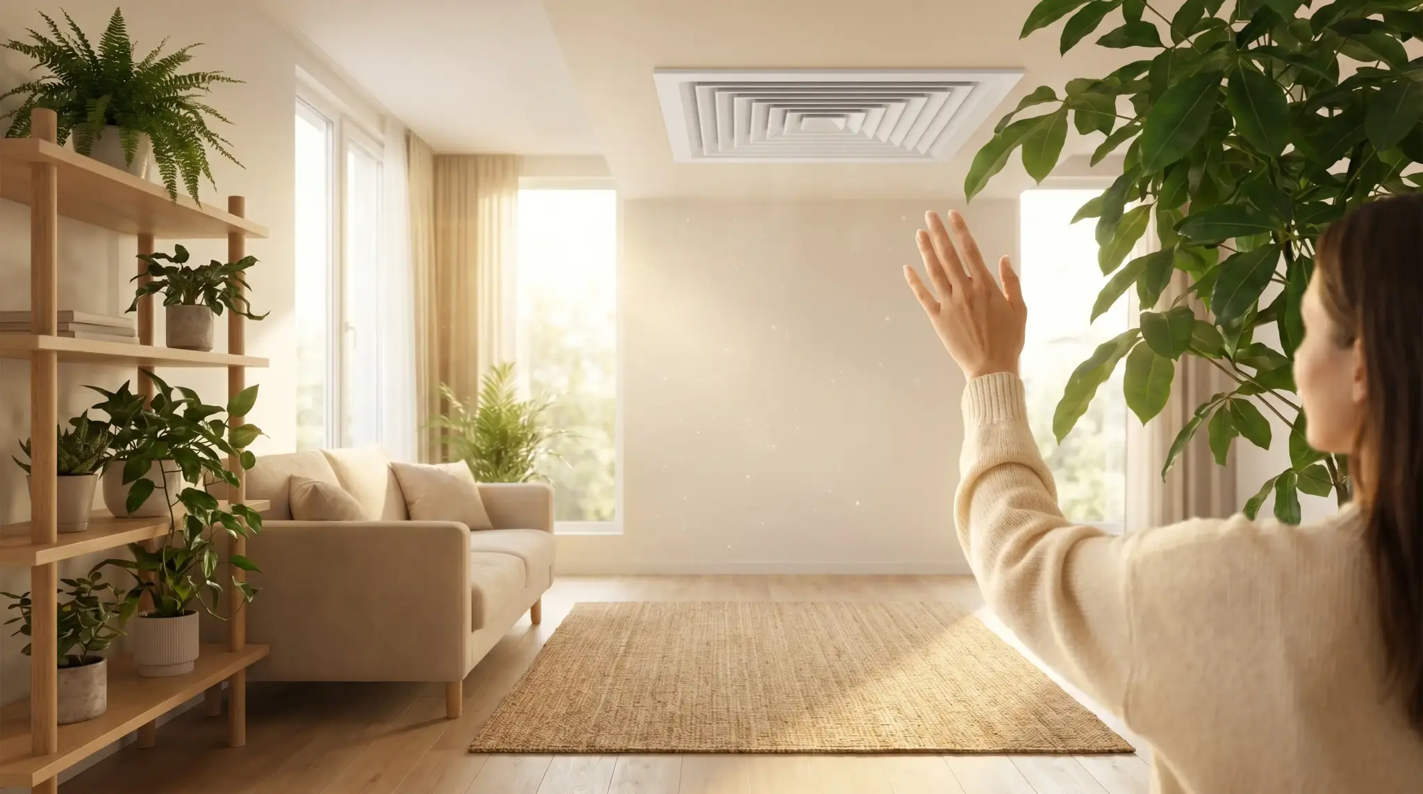 Person in beige sweater gesturing towards ceiling ventilation in sunlit living room with plants