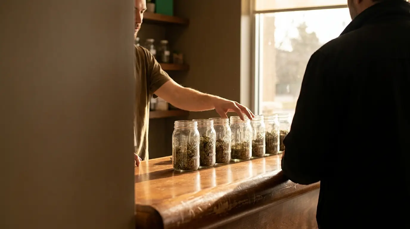 Man arranging jars of dried herbs on wooden counter in sunlight-filled shop
