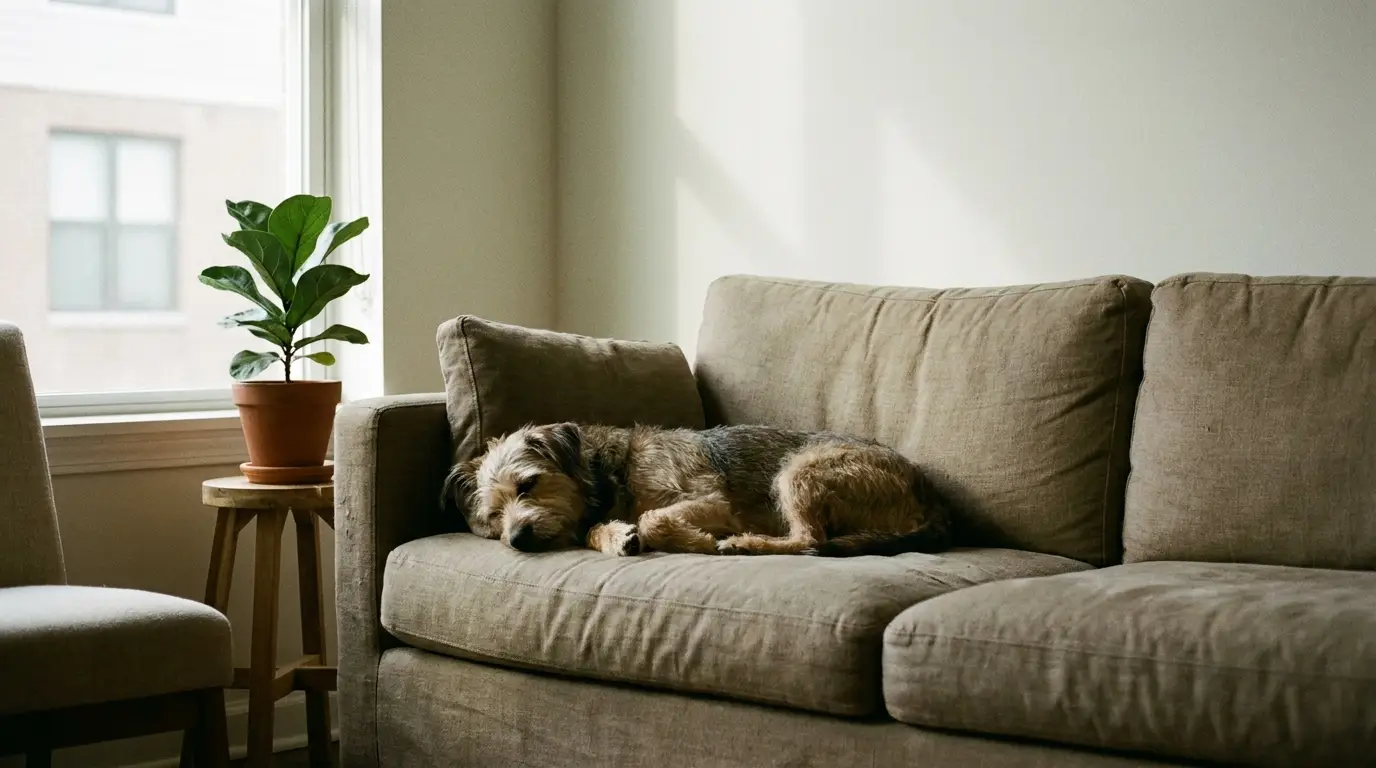 Dog sleeping on beige sofa near sunny window with a potted plant on a wooden table