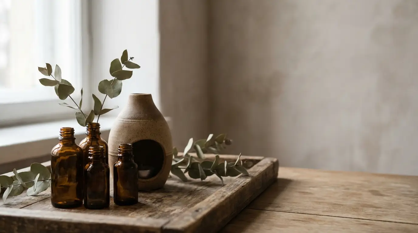 Brown glass bottles and a ceramic vase with eucalyptus on a rustic wooden tray