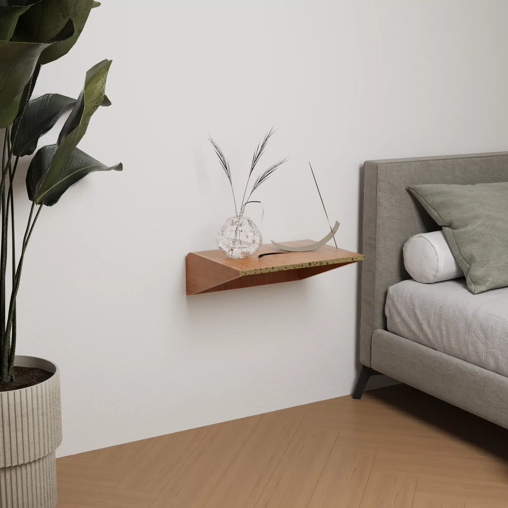 floating wall nightstand with brass detail and cherry veneer 