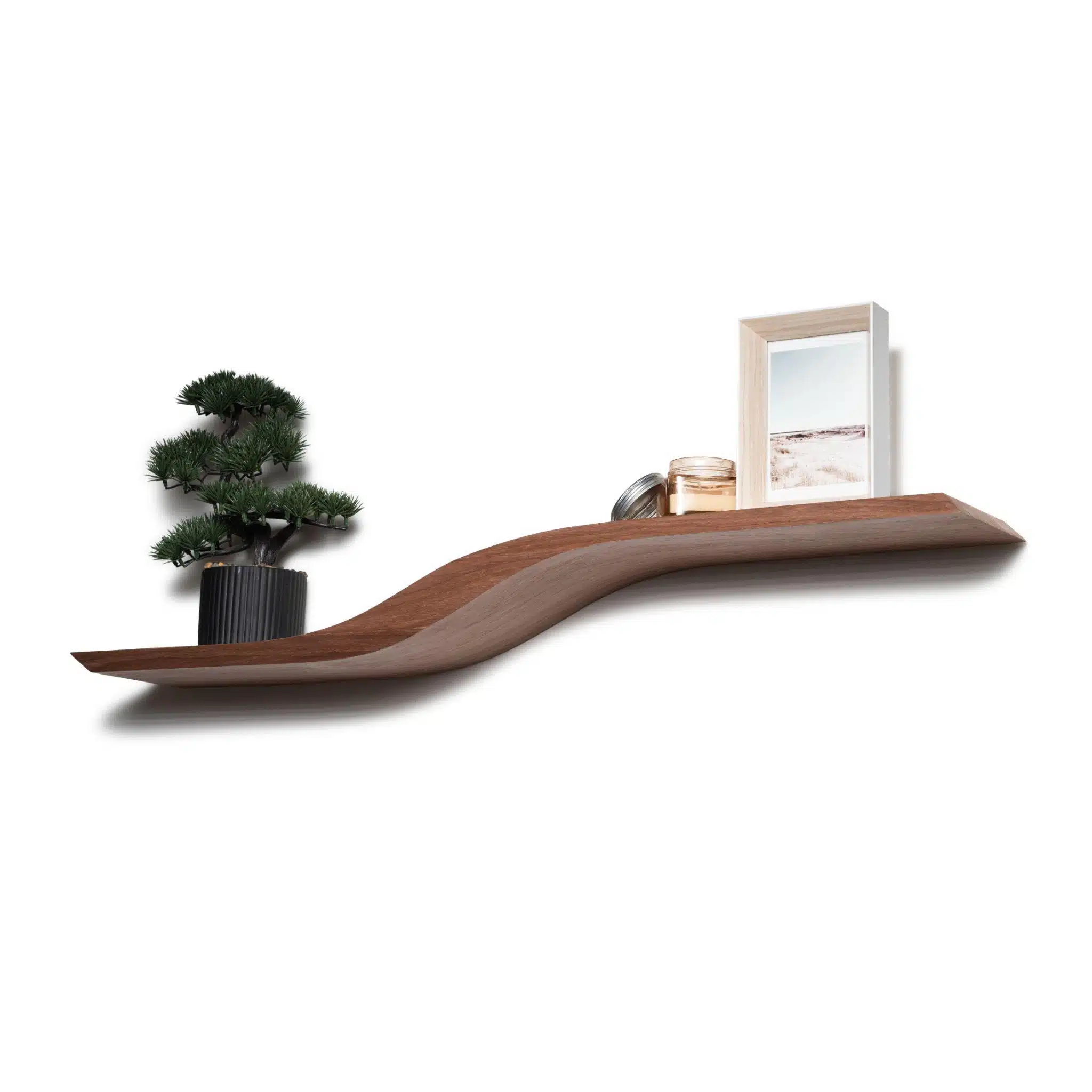 floating wall shelf curved design with hidden mounting system walnut wood on white background