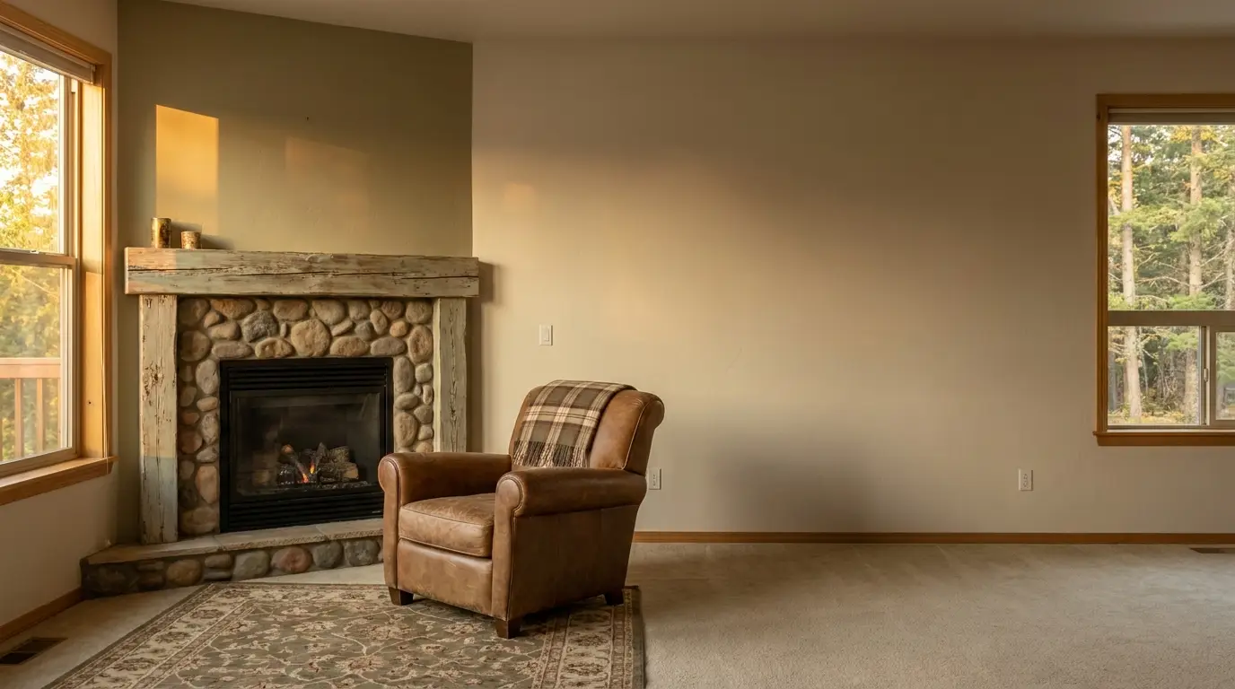 Cozy living room with stone fireplace and leather armchair in warm lighting
