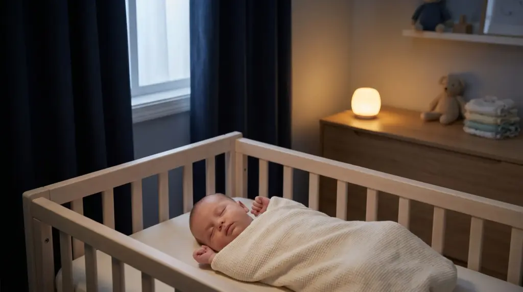 Sleeping baby in a crib with soft lighting and a night lamp on a dresser