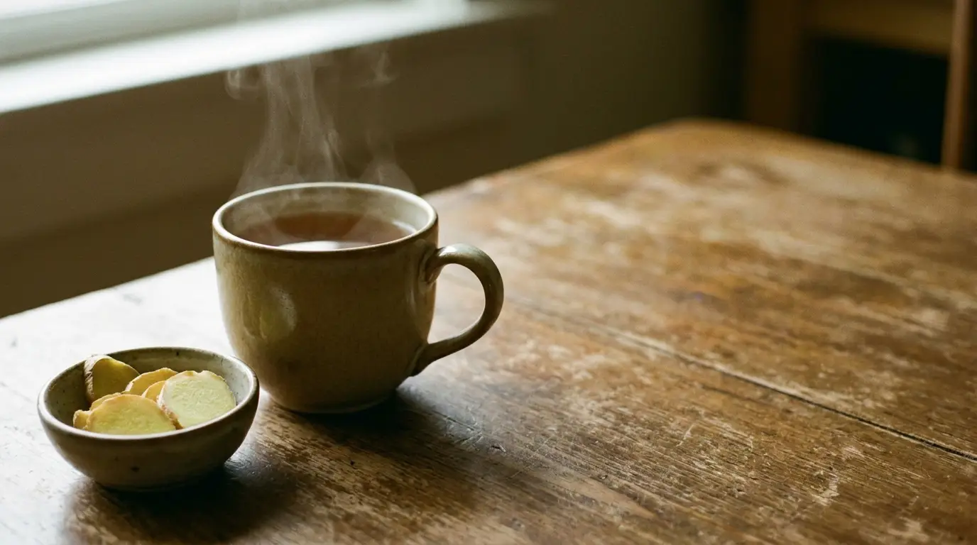Steaming cup of tea and bowl of ginger slices on rustic wooden table