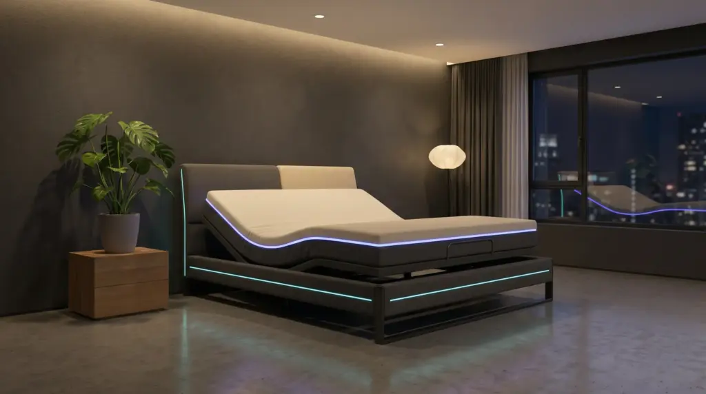 Modern adjustable bed with LED lighting in sleek bedroom featuring potted plant and night city view