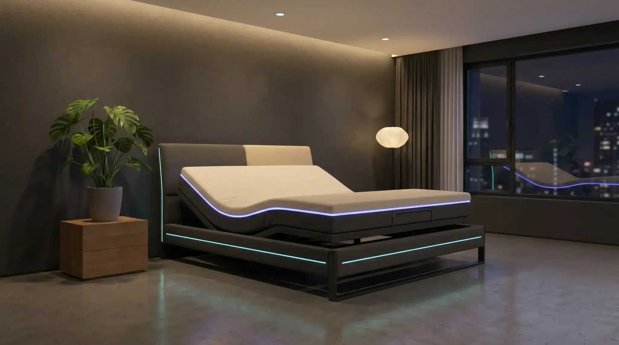 Modern adjustable bed with LED lighting in sleek bedroom featuring potted plant and night city view