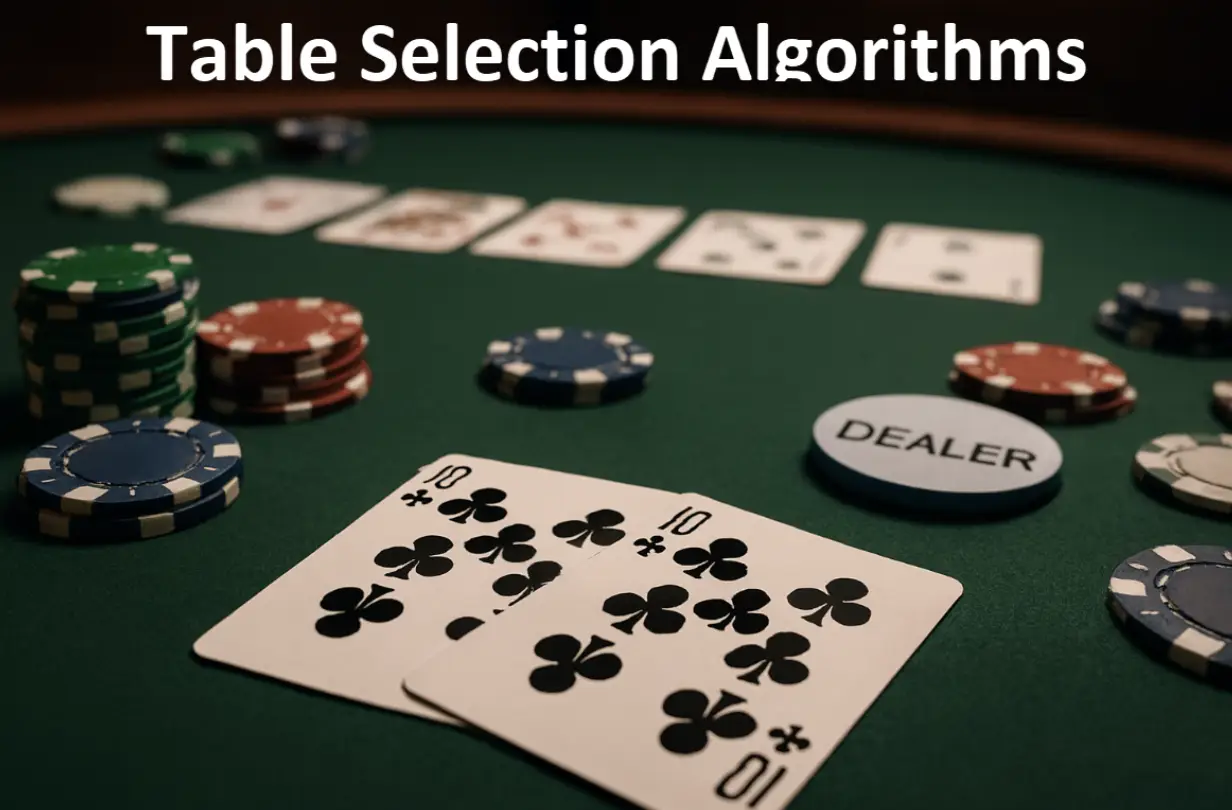 Poker table with playing cards, colorful chips, and a dealer button under moody lighting