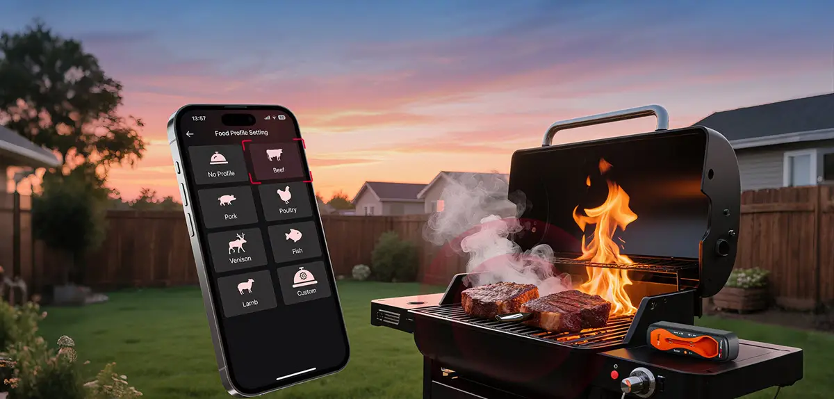 Smartphone displaying food profile settings next to flaming grill with steaks at sunset in backyard