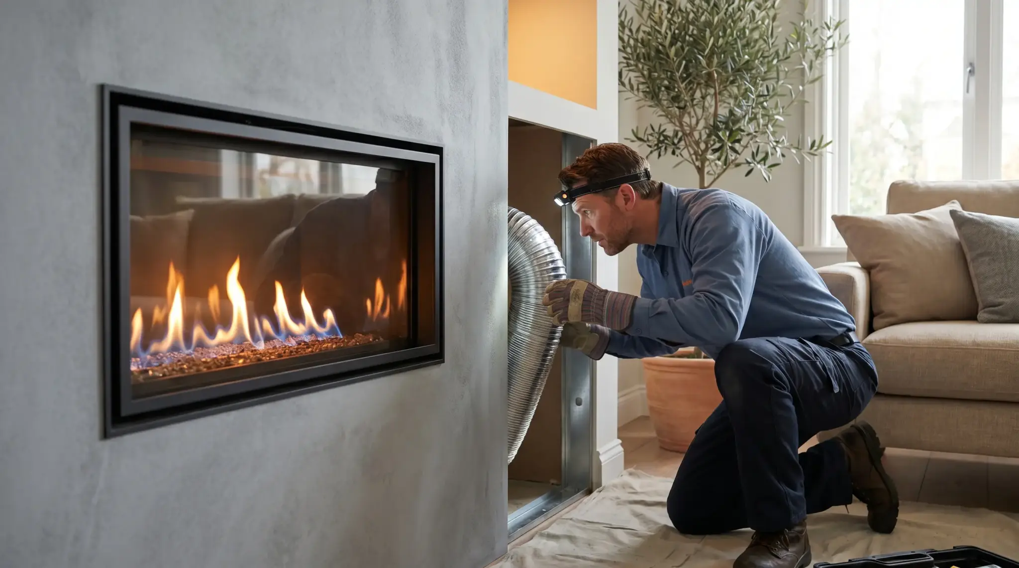 Technician inspecting fireplace ventilation system in a modern living room