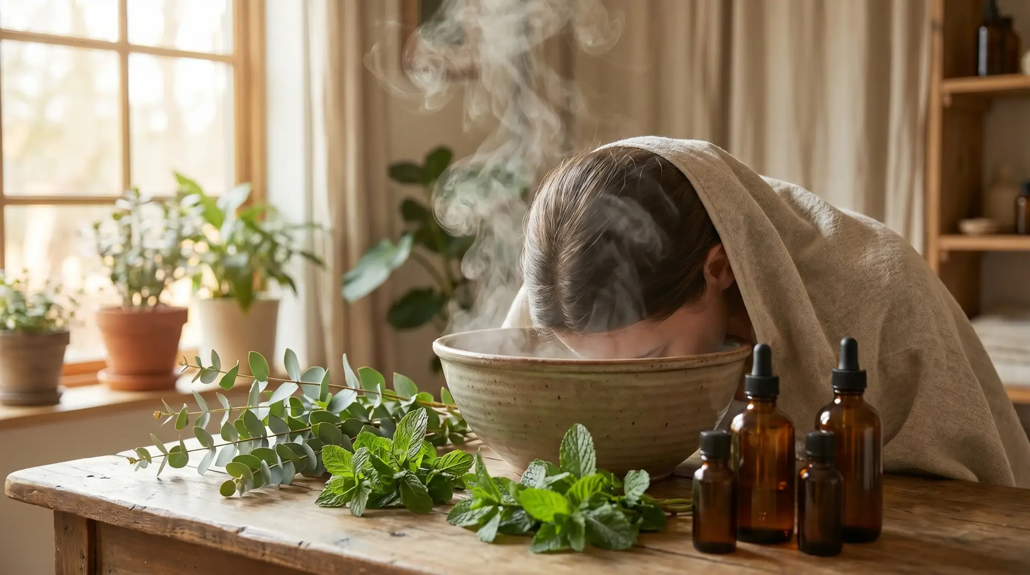 Woman inhaling steam from bowl with herbs on wooden table in cozy room