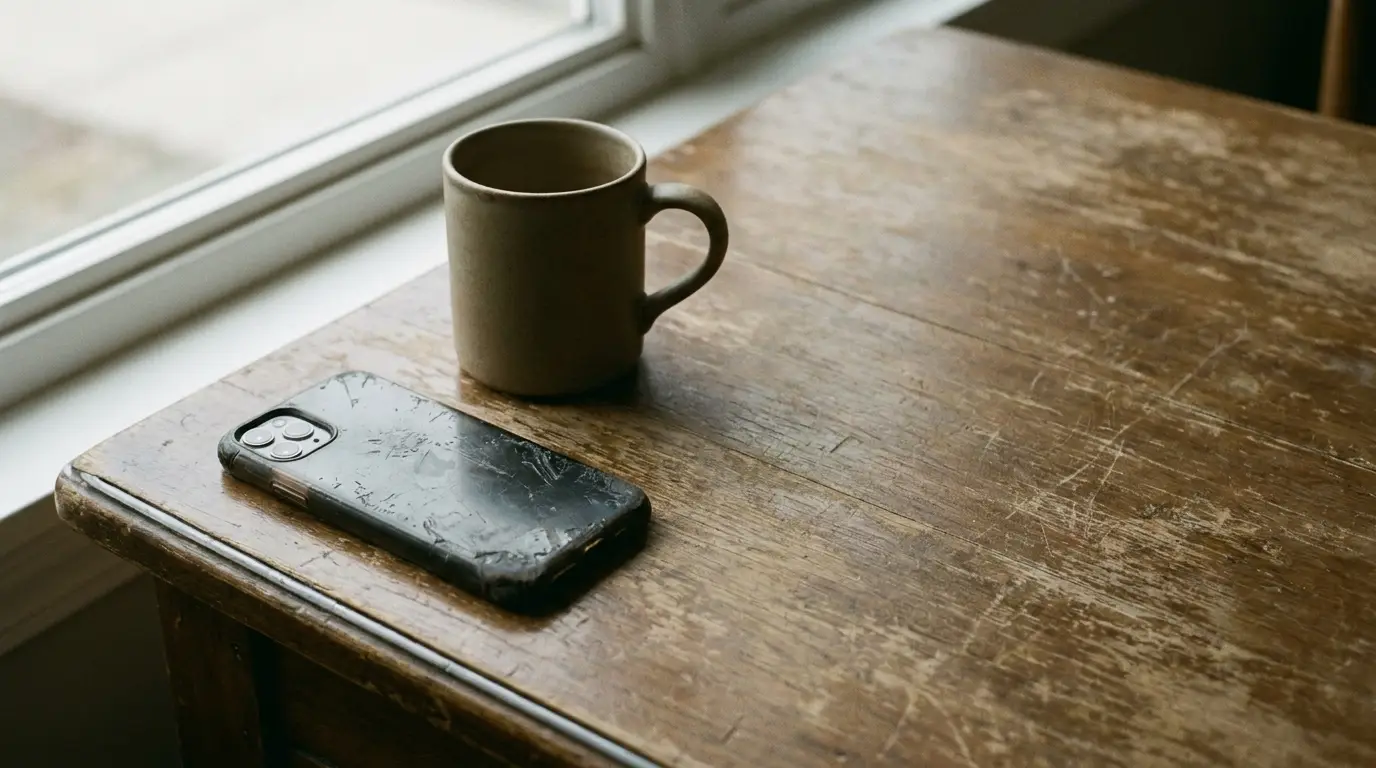 Smartphone and ceramic mug on rustic wooden table by a window