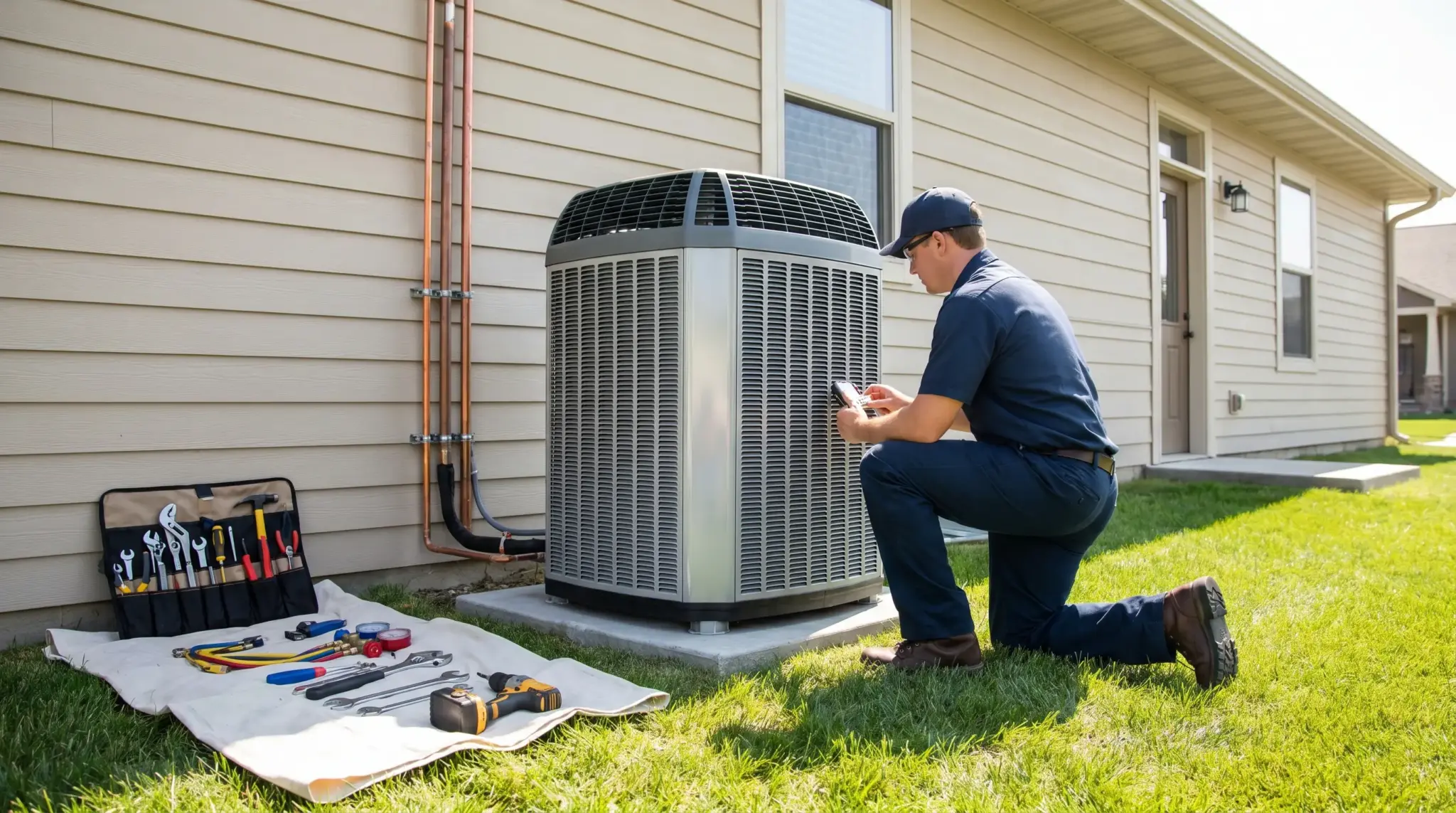 Technician kneeling by outdoor HVAC unit with tools on lawn in residential backyard