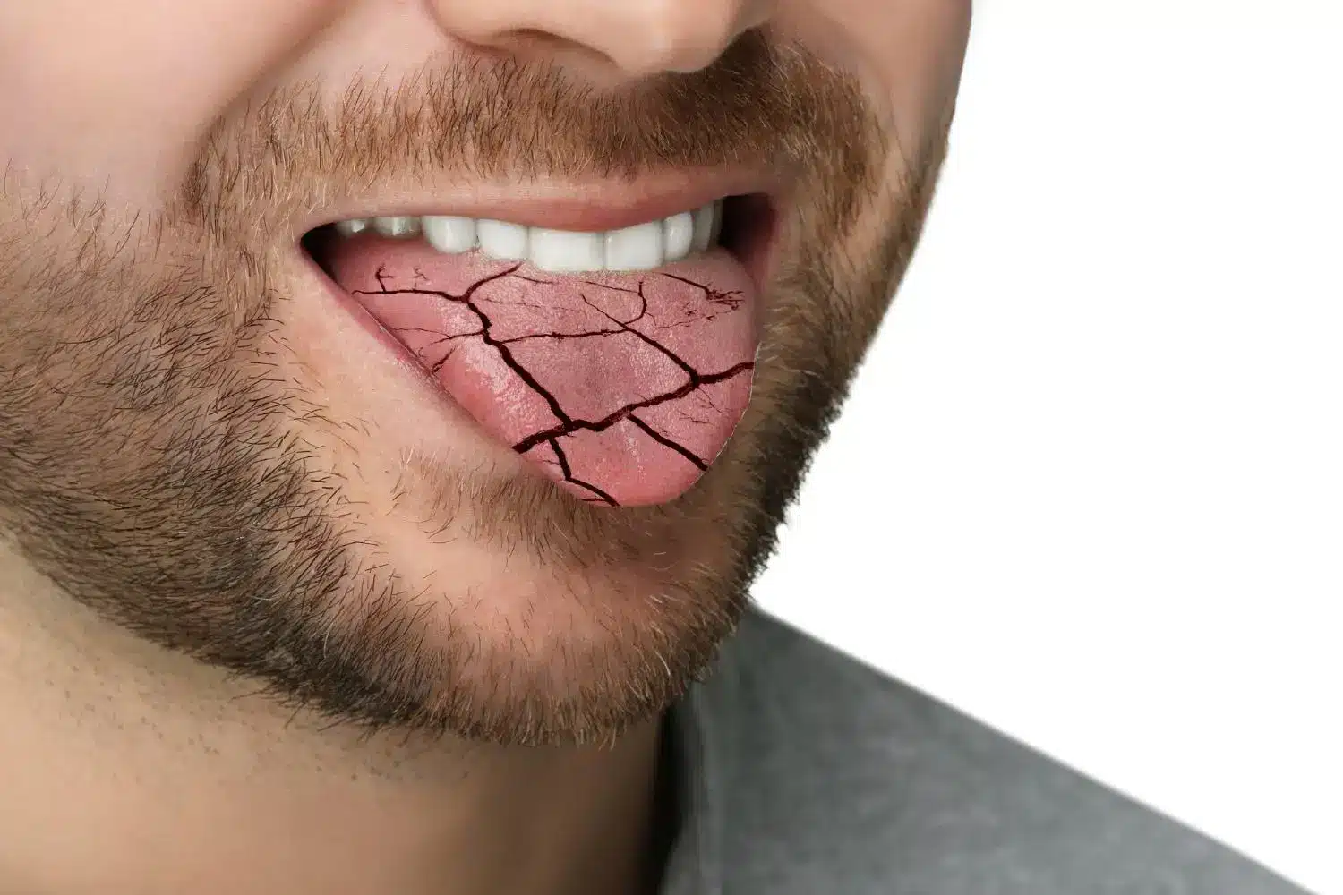 Close-up of a man's face with a digitally cracked tongue protruding, wearing a gray shirt