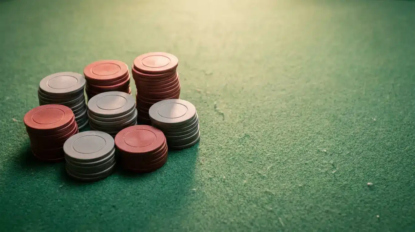 Poker chips stacked on green felt table under warm lighting