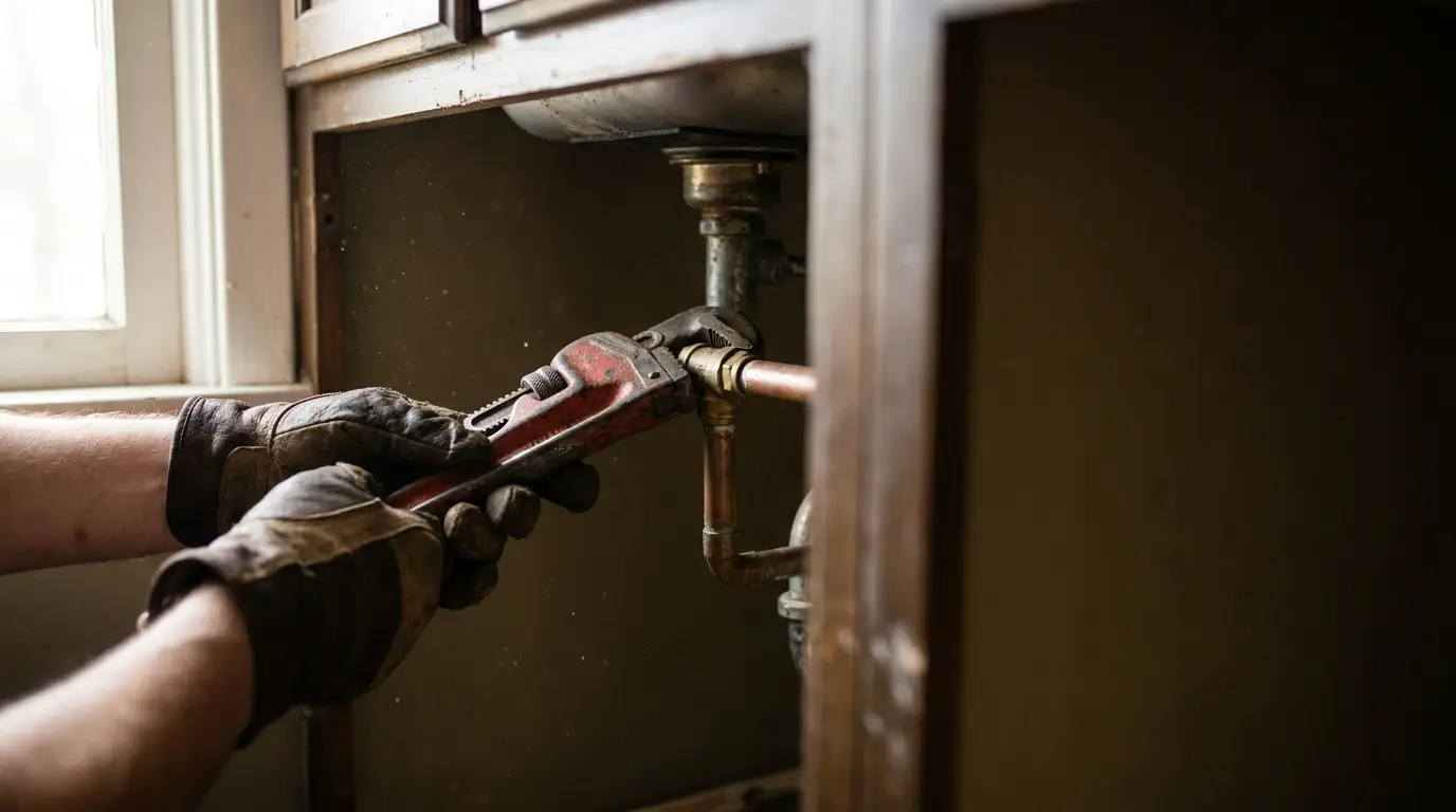 Plumber using wrench to fix copper pipes under kitchen sink in dim lighting