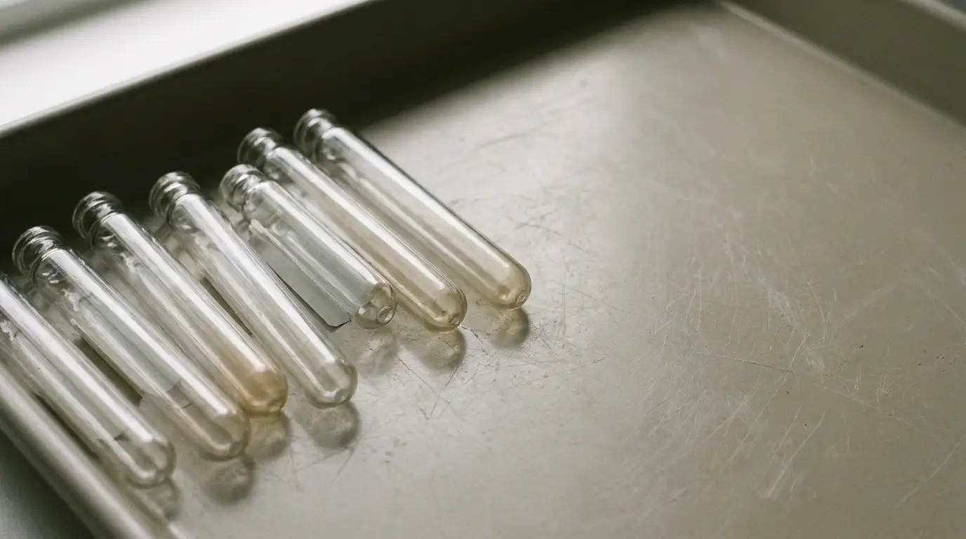 Test tubes arranged on a scratched metal tray in soft natural light