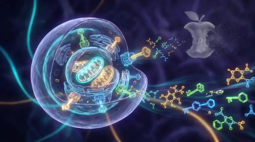 Colorful 3D model of a cell with mitochondria and molecular structures in a digital illustration