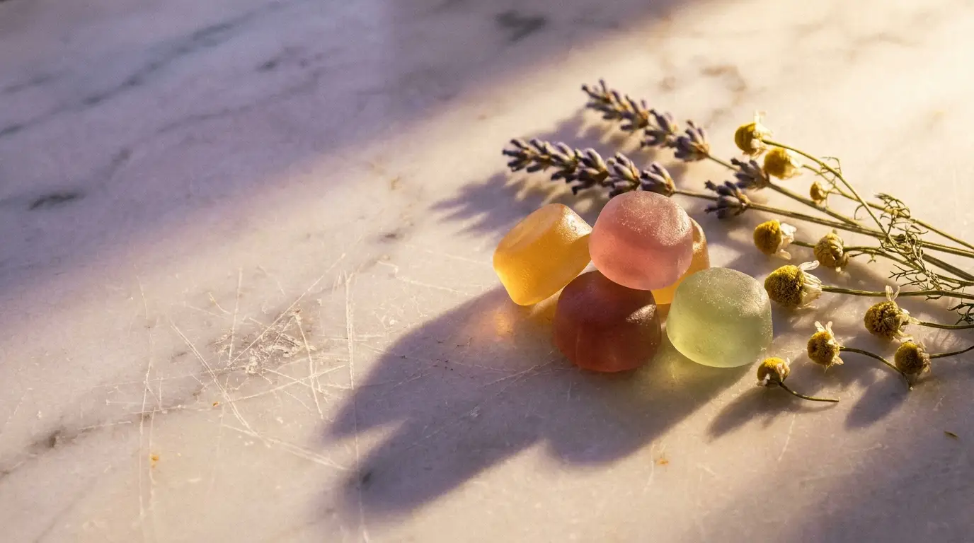 Colorful candy pieces and lavender sprigs on a sunlit marble surface