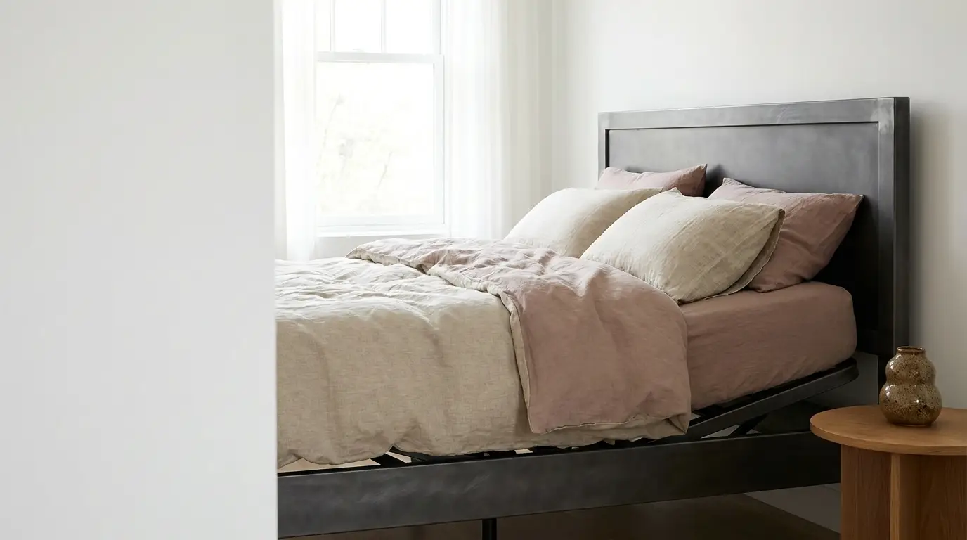 Cozy bedroom with metal bed frame and beige linens in bright natural light