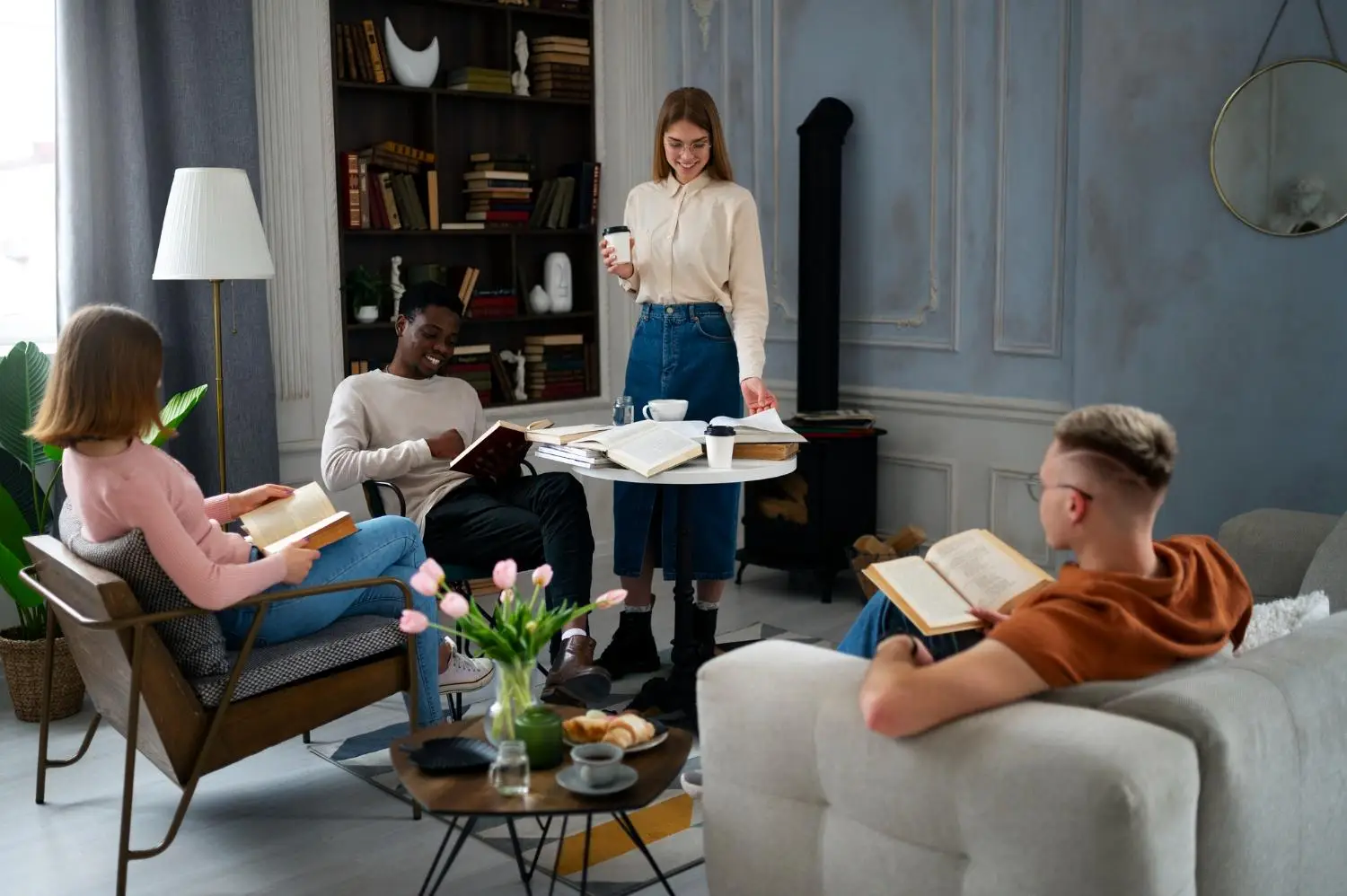 Group of people reading and discussing books in a cozy living room setting