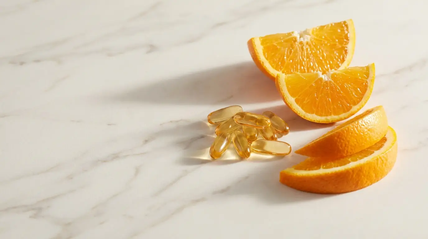 Orange slices and fish oil capsules on white marble surface in bright lighting