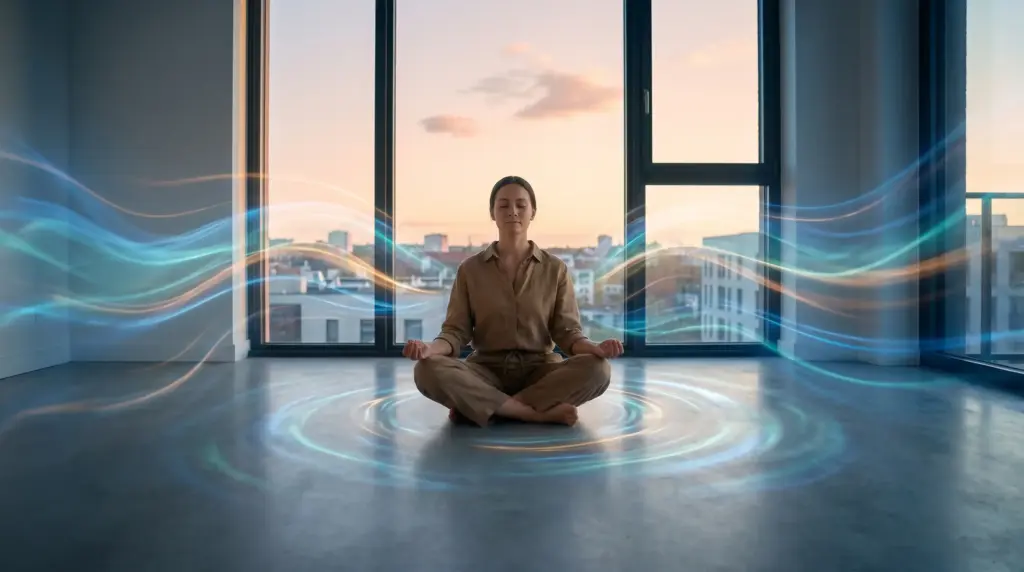 Person meditating in empty room with colorful flowing energy patterns, large windows at sunset