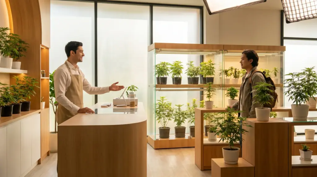 Store clerk and customer discussing next to display of potted plants in a modern shop setting