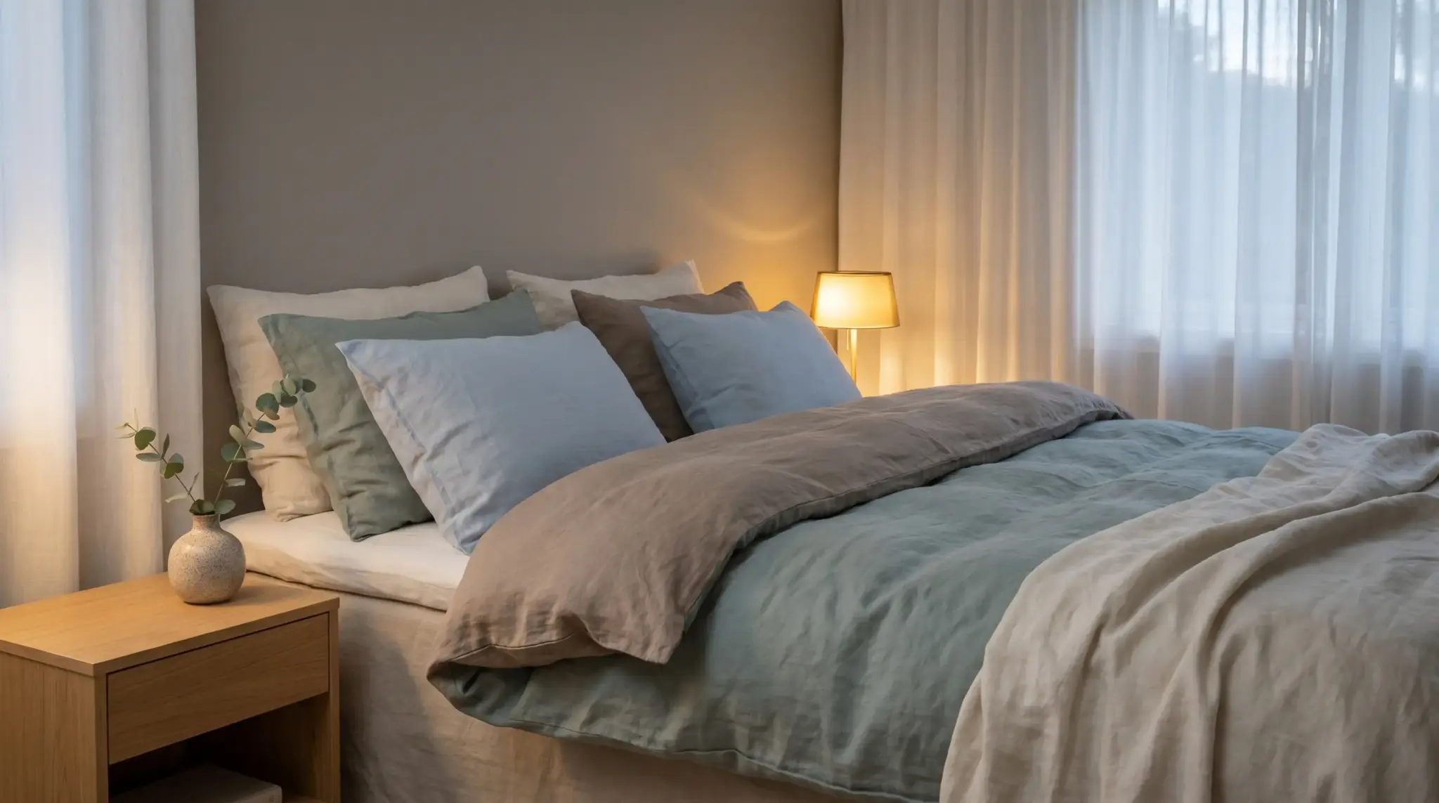 Cozy bedroom with layered bedding and soft lighting near curtained windows