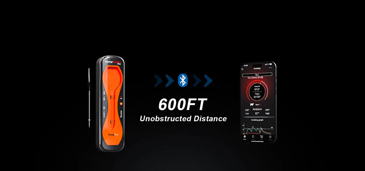 Digital meat thermometer and smartphone displaying temperature app on black background