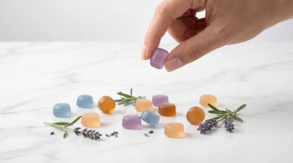 Hand picking colorful gummy on white marble surface with sprigs of rosemary and lavender scattered around