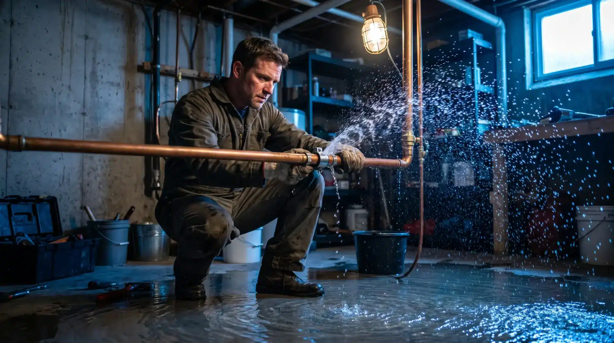 Plumber fixing leaking copper pipe in dimly lit basement with water spraying around