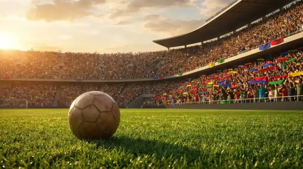 Soccer ball on grassy field with cheering crowd in sunlit stadium background