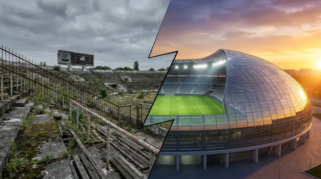 Contrasting images of an abandoned stadium and a modern stadium at sunset