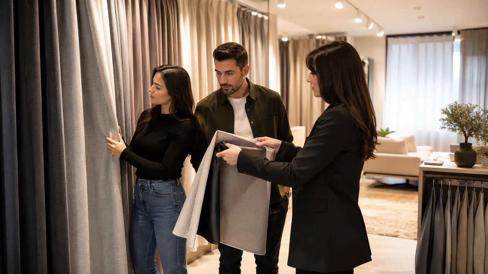 Shoppers choosing blackout curtains with a salesperson in a modern home decor showroom.