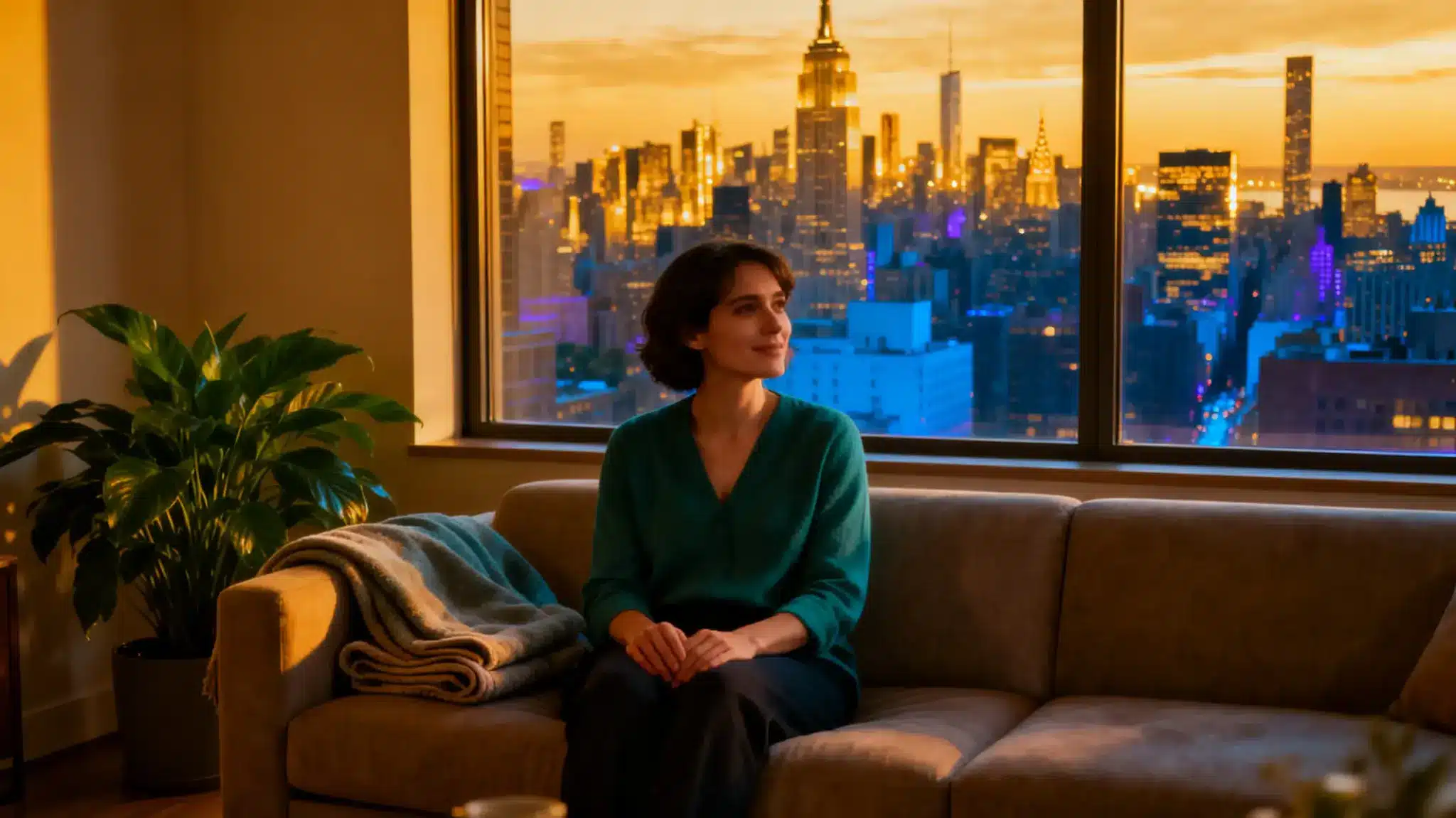Woman sitting on sofa in cozy apartment with city skyline view at sunset